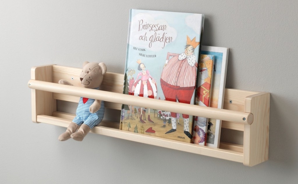 wooden bookshelf stuffed animal 